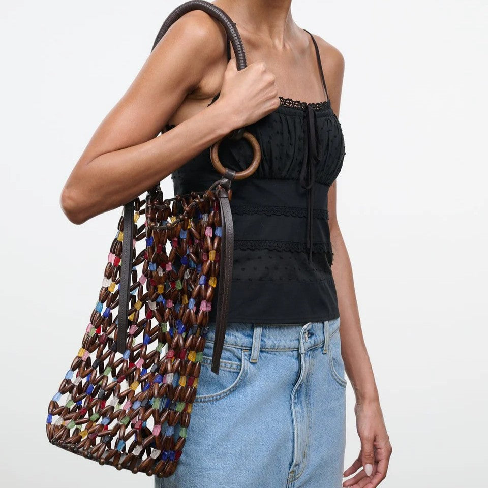 Multi Color Wood & Acrylic Bead Bucket Bag Dual Leather Straps