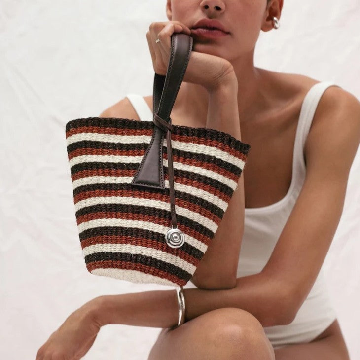 Striped Hand Woven Sisal Mini Basket Bag Single Leather Handle