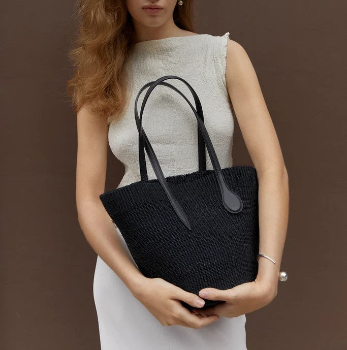 Hand Woven Sisal Bucket Tote Dual Sprout Leather Handles