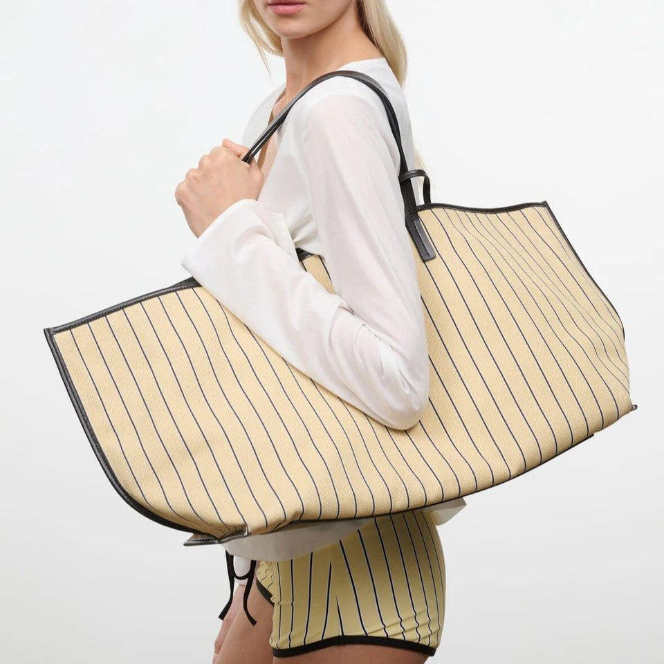 Yellow Thin Stripe Canvas Large Shoulder Tote