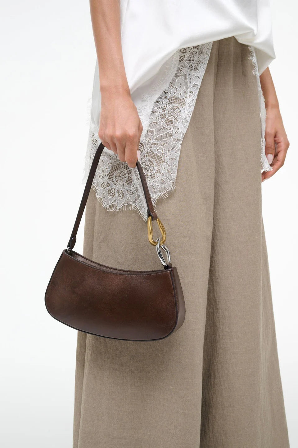 Two-Tone Hardware Dark Brown Lamb Leather Mini Ollie Shoulder Bag