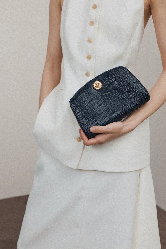 Dark Croc Embossed Leather Clutch Bag