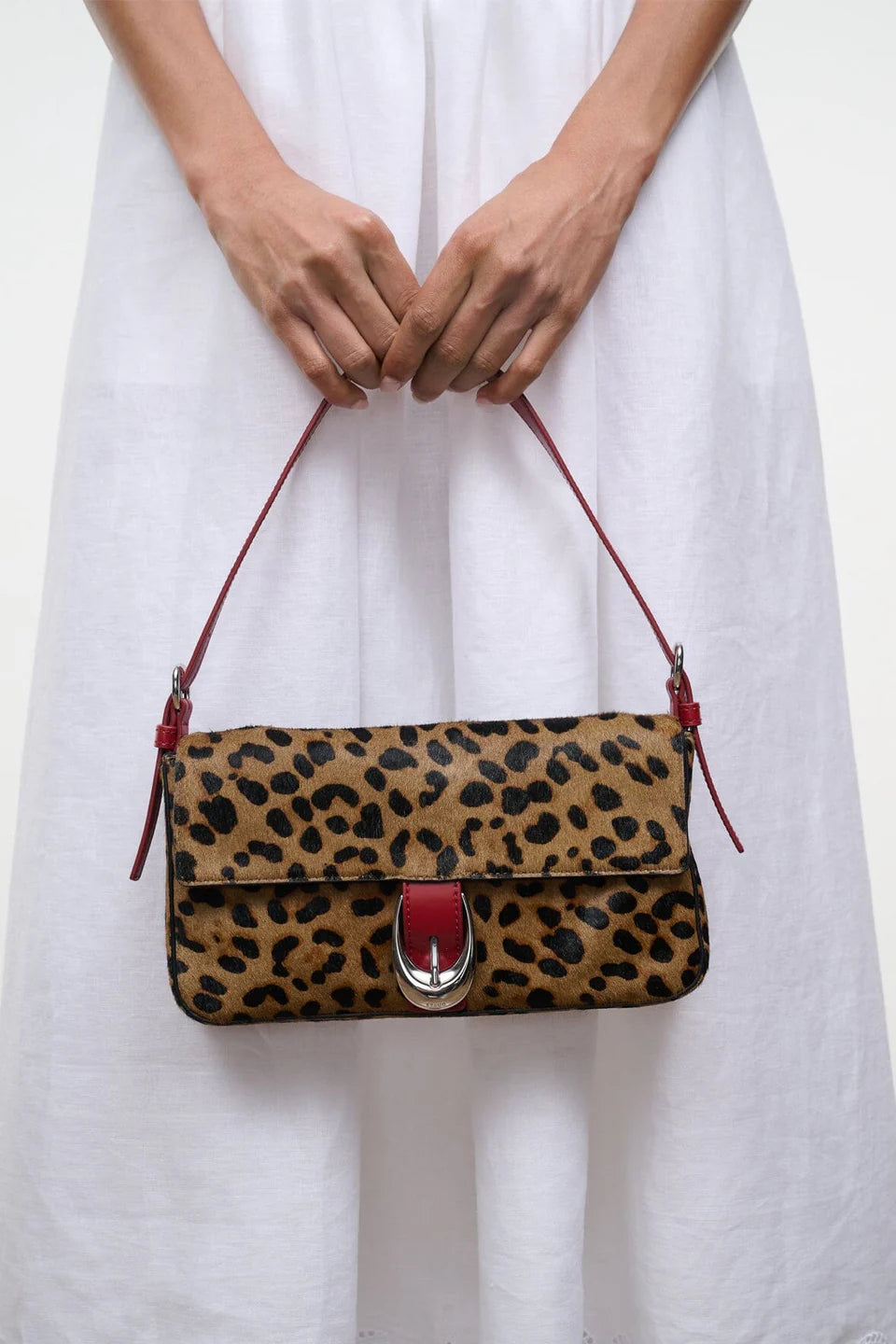 Leopard Print Haircalf Flap Shoulder Bag with Red Leather Trim
