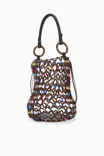 Multi Color Wood & Acrylic Bead Bucket Bag Dual Leather Straps