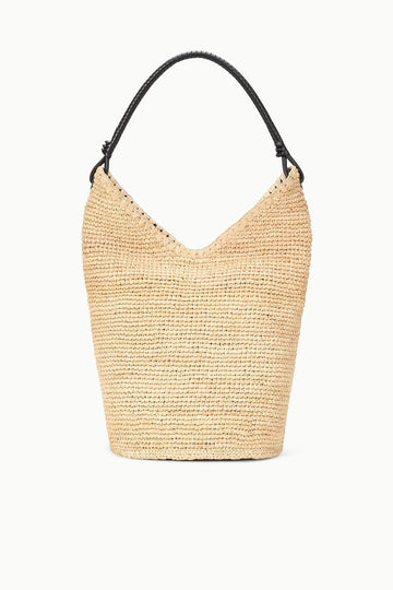 Large Natural Raffia Bucket Tote Bag with Leather Handle