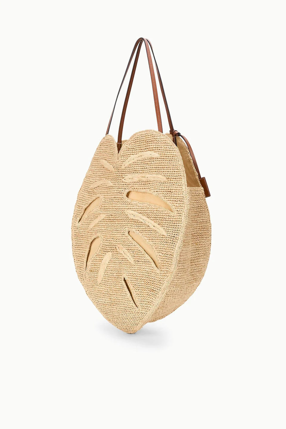 Large Palm Leaf Cutout Rayon Raffia Tote Bag with Cow Leather Strap
