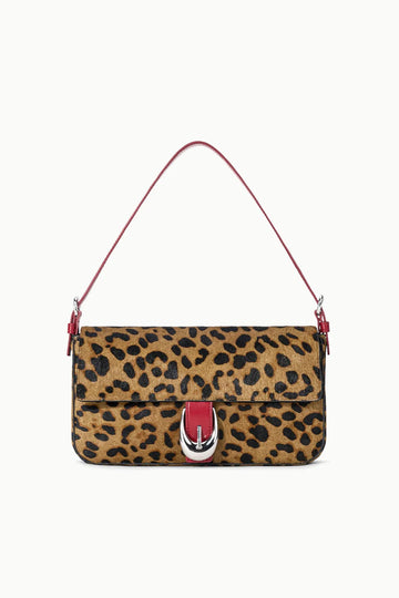 Leopard Print Haircalf Flap Shoulder Bag with Red Leather Trim