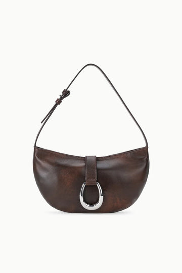Vintage Dark Brown Lamb Leather Crescent Shoulder Bag with Silver D Buckle