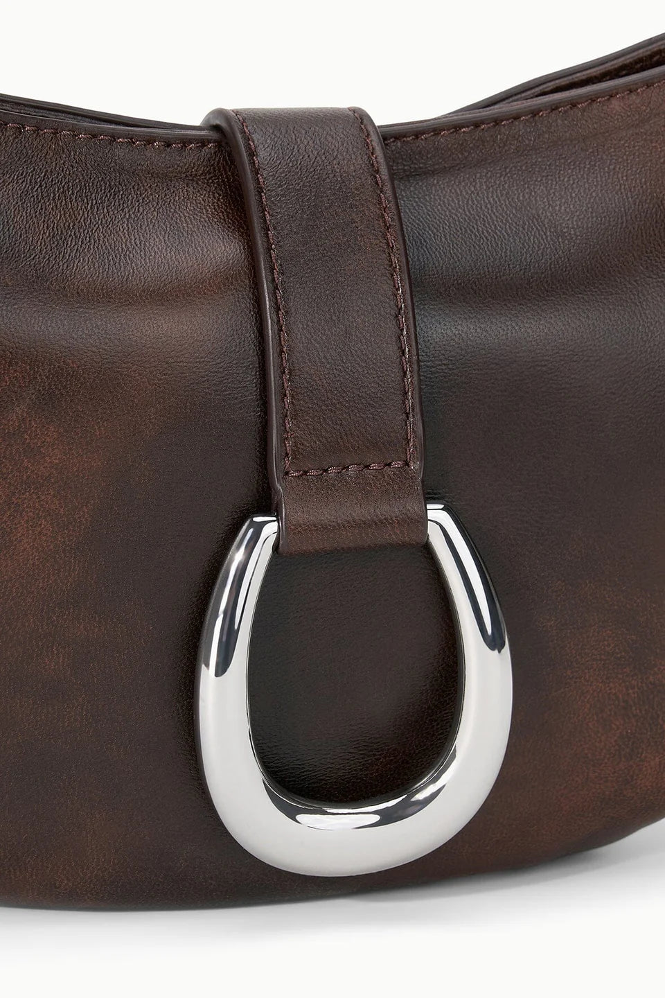 Vintage Dark Brown Lamb Leather Crescent Shoulder Bag with Silver D Buckle