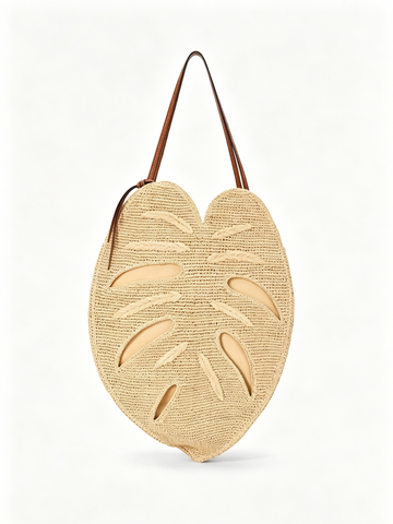 Large Palm Leaf Cutout Rayon Raffia Tote Bag with Cow Leather Strap